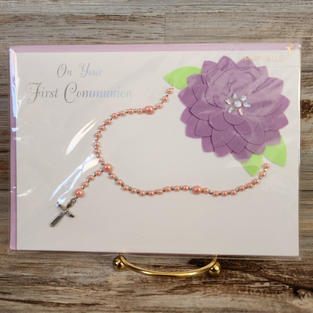 Papyrus First Communion Card 3D Flower Pink Rosary Beads Religious Greeting